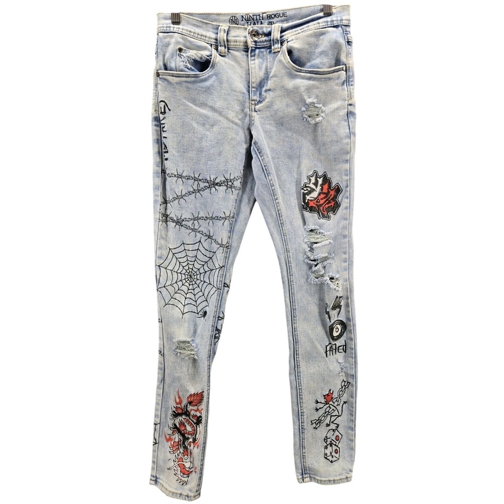 Ninth Hall  Rogue Jeans Women's Graffiti Graphic Tattoo Distressed Y2K 28